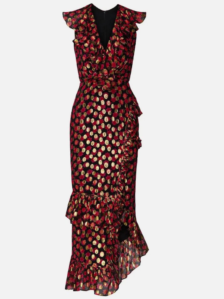 Saloni Floral Pleated & Ruffle Maxi Party Dress Xs